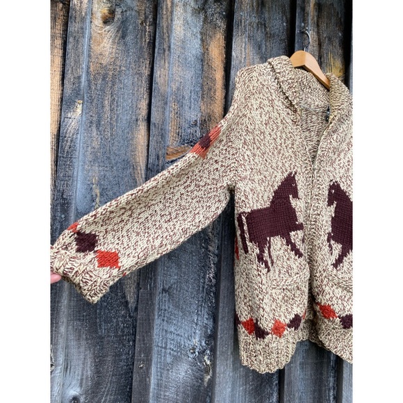 VINTAGE HAND KNIT cowichan horse hand knit wool zip up cardigan sweater large - Picture 2 of 9